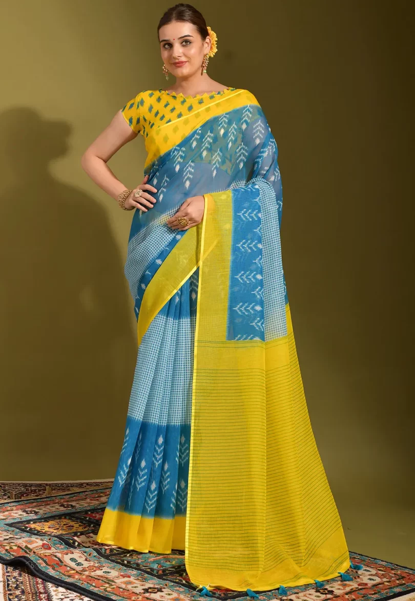 Digital Printed Linen Saree in Blue