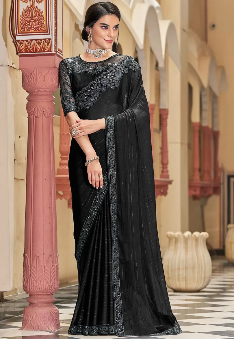 Embroidered Border Chiffon Scalloped Saree in Black