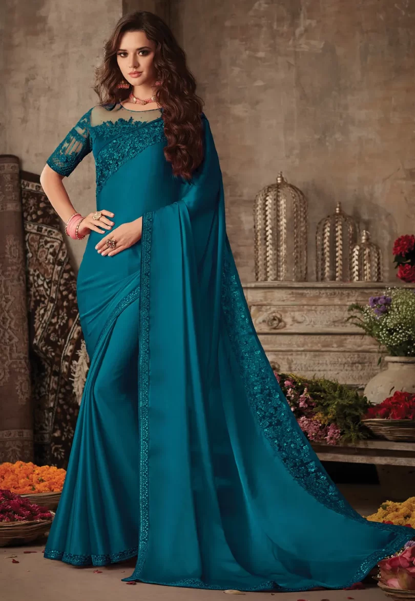 Embroidered Border Satin Georgette Saree in Teal Blue