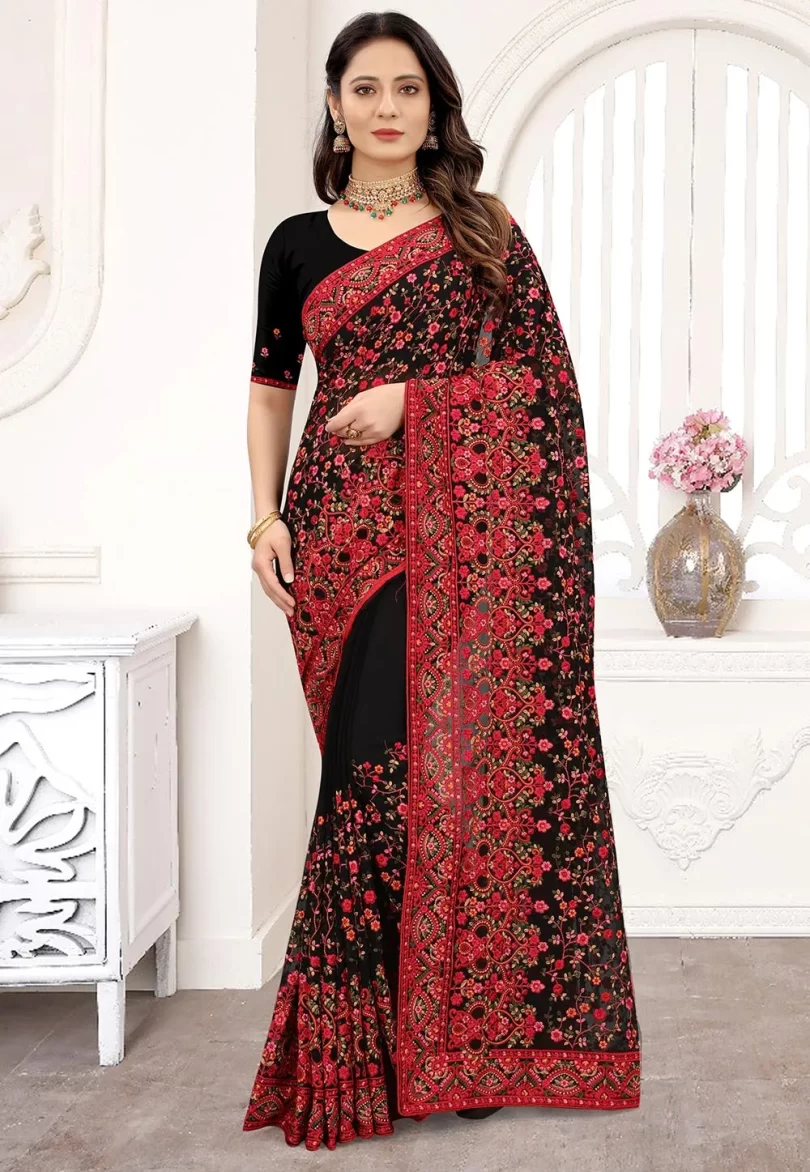 Embroidered Georgette Saree in Black