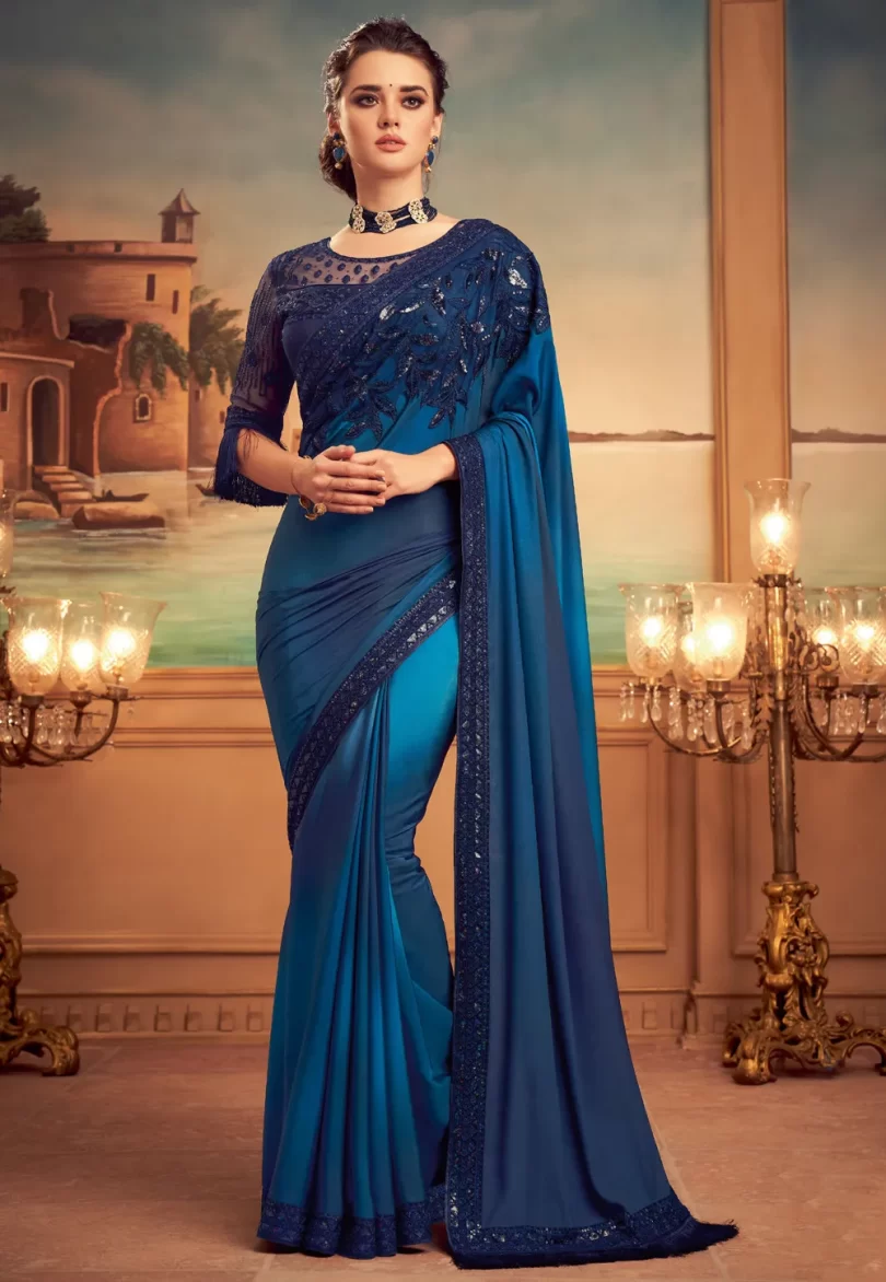 Embroidered Satin Georgette Saree in Shaded Blue