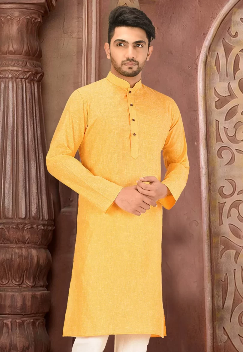 Solid Color Cotton Slub Kurta in Mustard