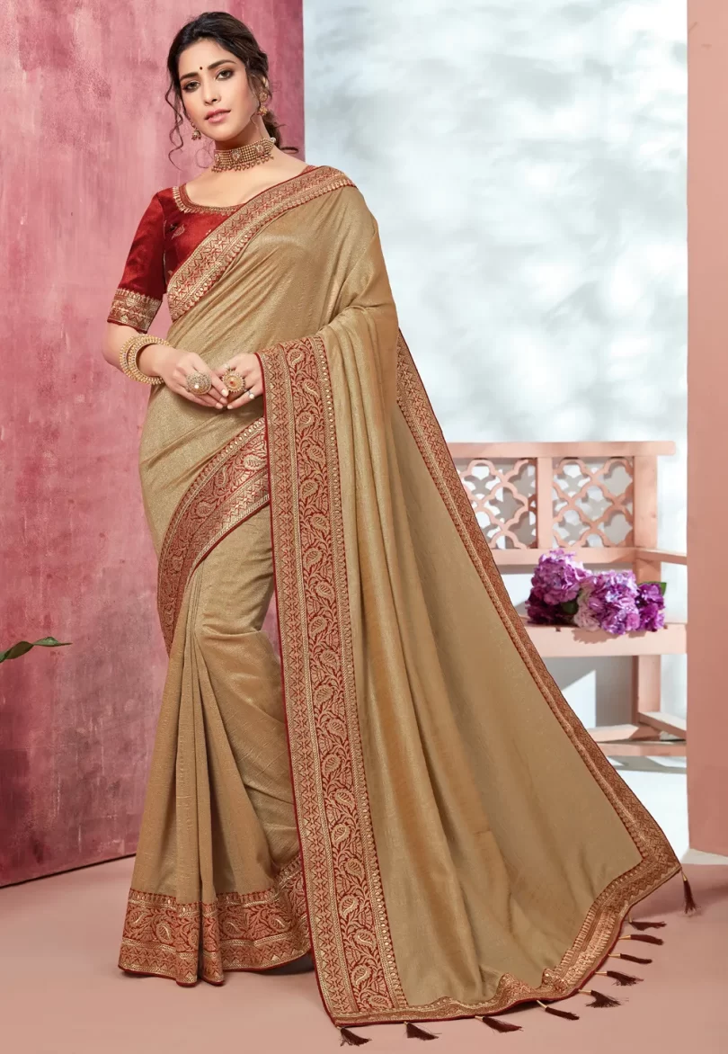 Woven Border Art Silk Saree in Beige